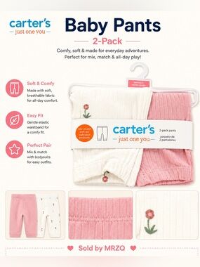 Carter's 2-Pack Baby Pants in Pink & Cream with Floral Detail